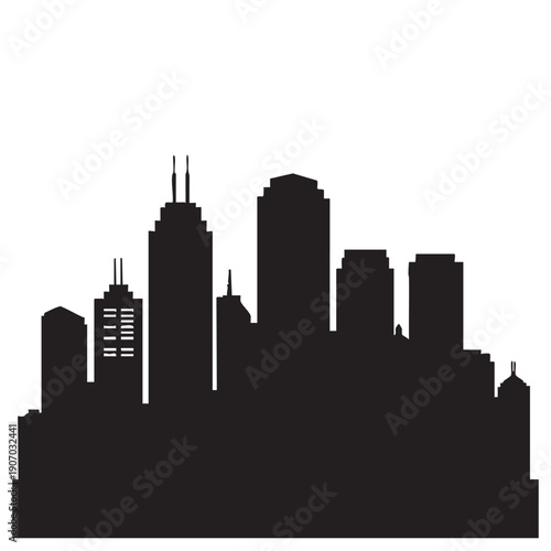 Silhouette of modern city skyline with skyscrapers and tall buildings against white background, urban cityscape, graphic vector illustration