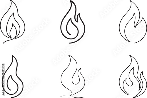  One line fire outline icon set with abstract flame shapes, modern minimal symbols on white