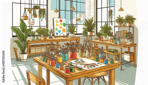 Art Studio with Paints and Brushes.