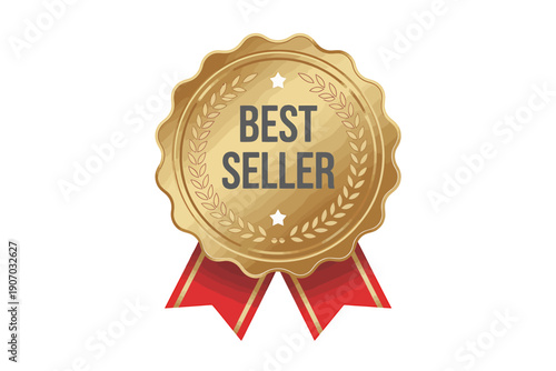 Best seller award seal with red ribbon and gold laurel wreath on white background