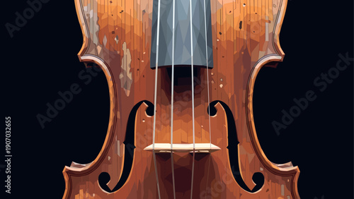 Detailed close-up of a wooden violin against dark background