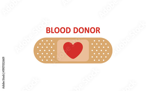 Blood donor bandage with red heart and text on white background