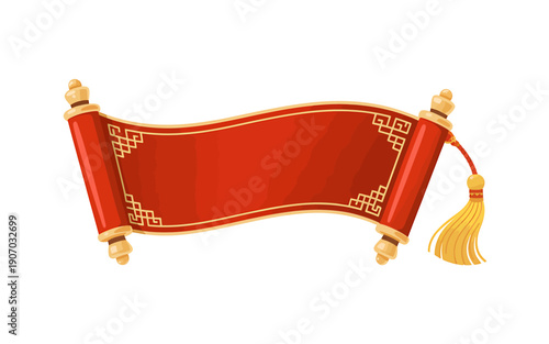 Red scroll banner with golden accents and tassel isolated on white background