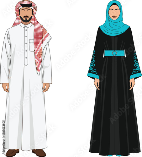 Arab man in white thobe and ghutra standing beside Muslim woman wearing elegant black abaya and turquoise hijab, traditional middle eastern couple
