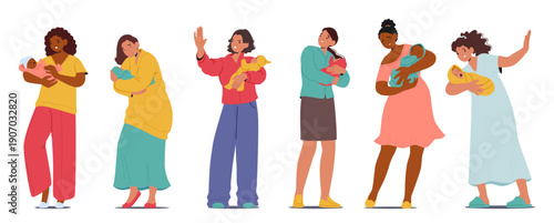 Set of diverse mothers holding babies making protective waving gestures from outside interference