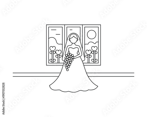 Bride in a beautiful wedding dress holding a bouquet of grapes standing in front of a window with flowers and landscape