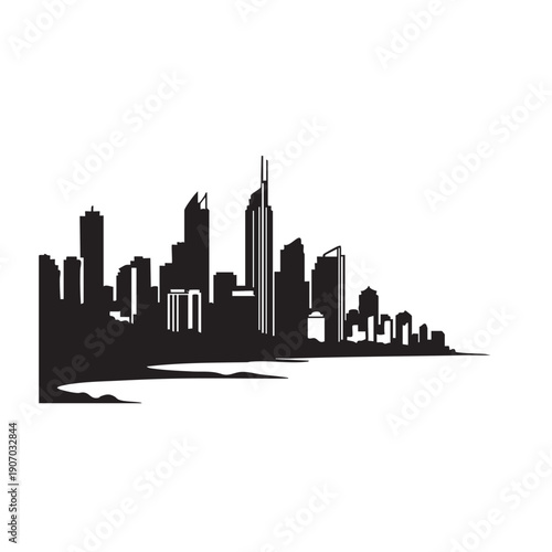 Modern city skyline silhouette along a coast or bay, featuring sleek skyscrapers and architectural designs, against a white background, waterfront view.