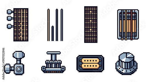 Retro pixel art music equipment set with guitar strings and accessories