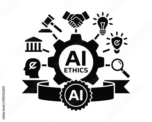 Conceptual illustration of artificial intelligence ethics with symbolic icons around a central gear
