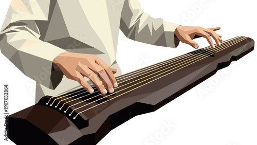 Geometric art of musician playing traditional asian string instrument