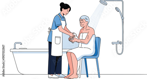 Caregiver assistant helping elderly senior man wash hands in bathroom during shower for daily hygiene and personal support in nursing home