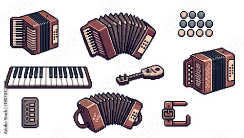 Retro musical instruments collection in pixel art style featuring accordion and keyboard