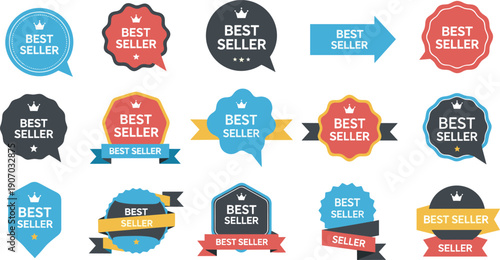 Best seller badges and labels set with ribbons crowns and stars for marketing promotion product retail advertising stickers isolated on white background