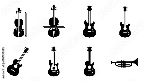 Pixel art musical instruments set with guitars and violin in black and white