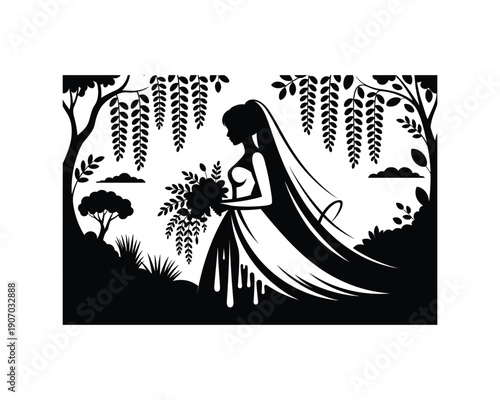 Elegant bride holding a bouquet standing in a beautiful garden silhouette artwork