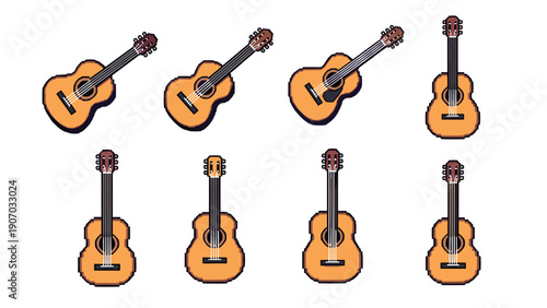 Retro pixel art acoustic guitar collection in various angles
