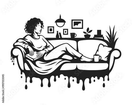 Stylized illustration of a woman relaxing on a sofa reading a book with a cup of coffee nearby