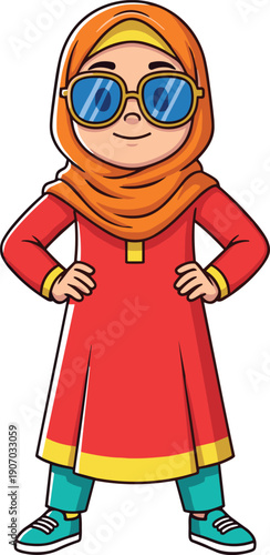 Cute cartoon Muslim girl character wearing orange hijab and blue sunglasses standing confidently, young child in traditional modest clothing for kids concept