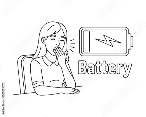 Tired woman yawning next to a low battery indicator symbolizing exhaustion or low energy levels