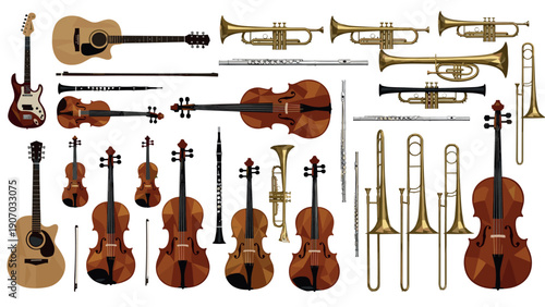 Polygonal musical instruments collection: guitars, trumpets, violins, trombones, and more