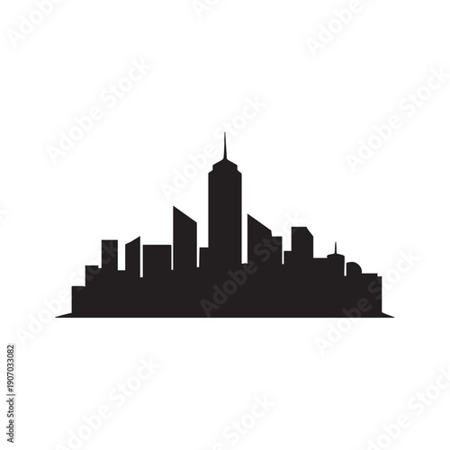 Minimalist city skyline silhouette vector illustration displaying a modern urban panorama with a central prominent skyscraper and diverse surrounding buildings