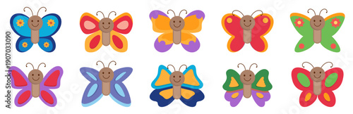 Cute colorful butterfly character set with smiling insects. Children friendly cartoon animals in flat style