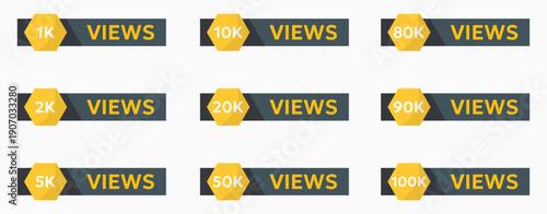 Views counter badges collection with number indicators. Social media statistics labels in flat style
