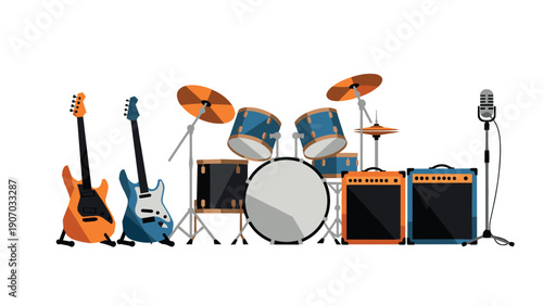 Colorful flat design music instruments set with drums, guitars, and microphone