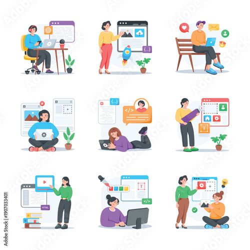 Take a look at this amazing web development flat illustration pack, ready to use