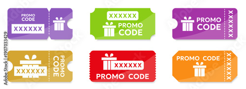 Colorful promo code tickets collection with gift icons. Discount coupon templates in flat style