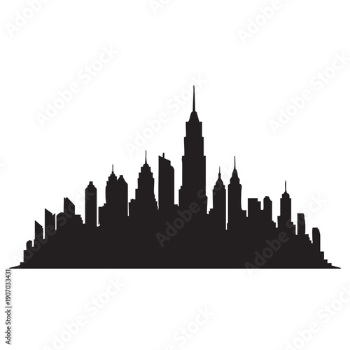 Classic black silhouette of a dense city skyline with iconic tall skyscrapers, evoking a sense of powerful urban development and bustling city life.