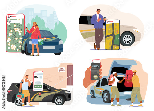 Diverse man and woman using mobile apps to book taxi, use carsharing and rent cars cartoon scene