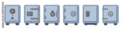 Safe box icons collection with security lock mechanisms. Money storage symbols in flat style