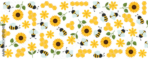 Seamless pattern with bees sunflowers flowers and honeycombs. Bright summer nature background in flat style
