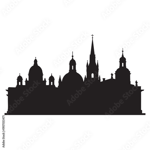 Old town skyline silhouette showing historic cathedrals and church domes in a classical architectural style ideal for heritage tourism projects and religious site illustrations for European cities