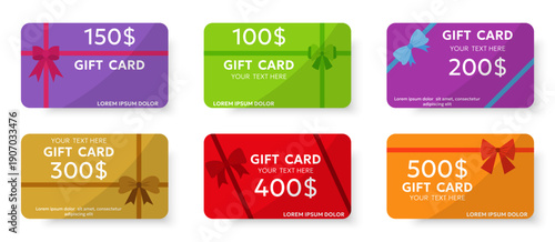 Colorful gift card templates collection with ribbons. Voucher designs for shopping and promotions in flat style