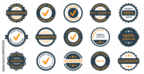 Money back guarantee badges collection with check icons. Warranty and refund emblems in flat style