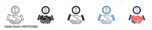 Set of vector icons illustrating financial agreement or business partnership. Handshake with dollar coin symbol signifies investment, payment, and successful commercial transactions