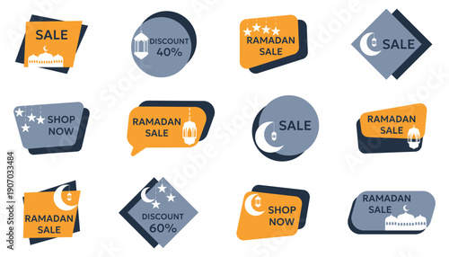 Ramadan sale labels collection with lantern and moon symbols. Islamic promotion elements in flat style