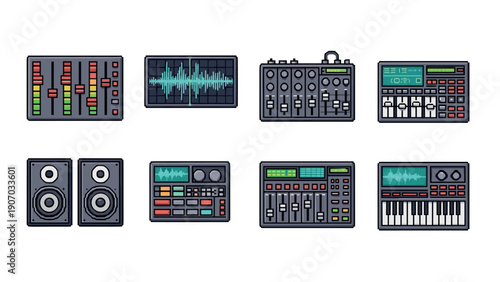 Colorful audio equipment icons: mixer, synthesizer, equalizer, and more