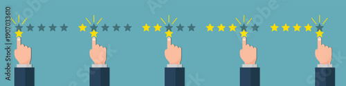 Star rating feedback concept with hand selection. Customer review scale illustration in flat style
