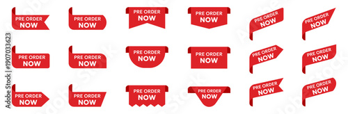 Pre order now ribbon labels collection in red style. Promotional call to action banners in flat design