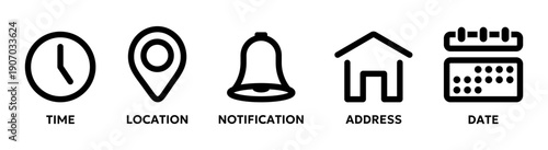 Basic ui icons collection with time location notification address and date symbols. Minimal interface elements in line style