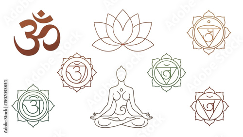 Chakra Symbols and Meditation Pose Illustration.