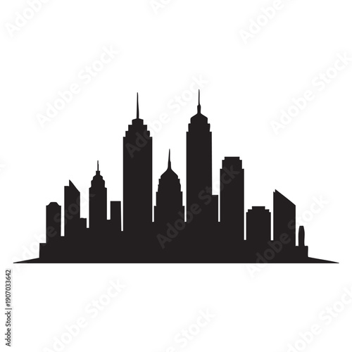Striking city skyline silhouette with central dome building and varied skyscraper heights representing urban architecture and cityscape illustration graphic