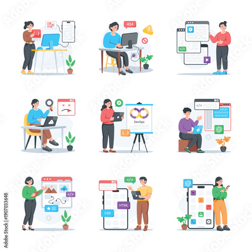 Diverse team working on web development projects, brainstorming ideas and coding.