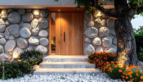 Modern Home Entrance with Natural Stone Facade and Wooden Door.