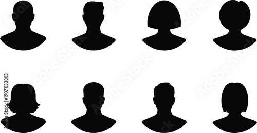 Eight black silhouette head and shoulder profile icons of diverse individuals shoulders person