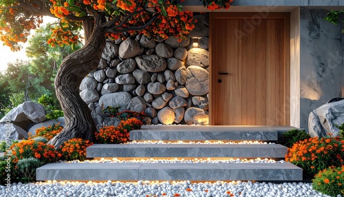 Elegant Autumn Home Entrance with Stone Wall and Illuminated Steps.