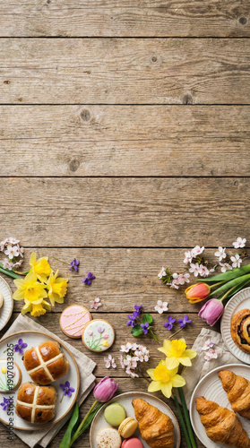 Easter brunch invitation with pastries and flowers on wooden table  